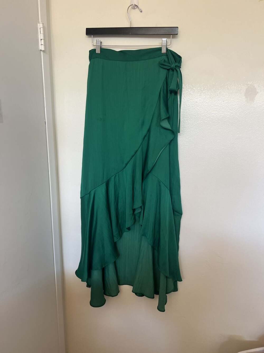 Anthropologie Maeve Green Satin Ruffled Asymmetrical Wrap Maxi Skirt Size M